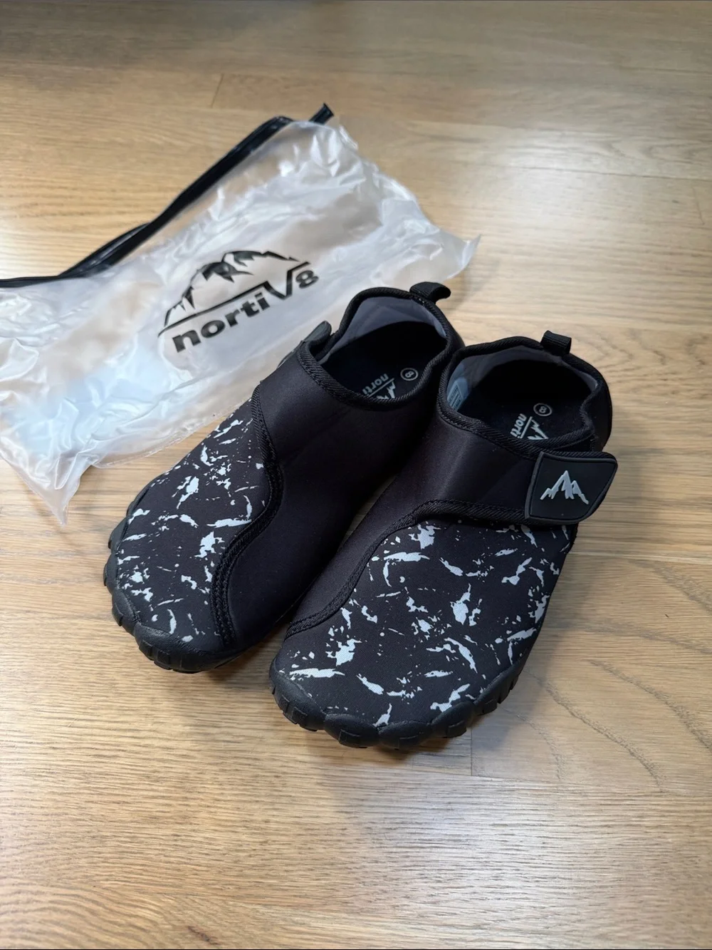 nortiv8 Kids Black Marble Water Shoes with Secure Hook-and-Loop Strap